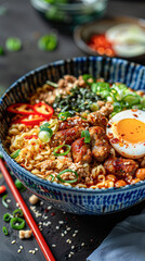 Wall Mural - Delightful Ramen Bowl with Savory Sausages, Spicy Pepper, and Perfectly Poached Egg