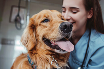 Wall Mural - Compassionate Female Veterinarian Bonding with Golden Retriever During Check-Up in Modern Clinic