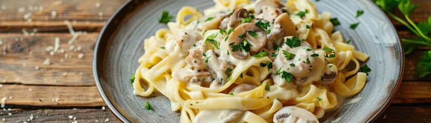 Poster - Creamy Mushroom pasta chicken with cream sauce and parsley on plate 