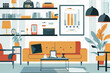 © Mau Martinez Cosio - Modern living room with a colorful couch, a coffee table, a side table, and a bookshelf. Designer furniture company showroom