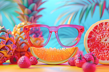 Poster - A pair of pink sunglasses is placed on top of a sliced orange