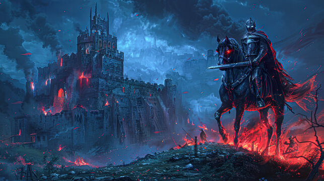 a man riding a horse in front of a castle with a red dragon on the horse
