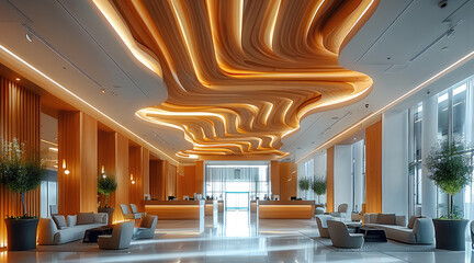 Aufkleber - A perspective angle of a hotel common area, showcasing a spacious design with an emphasis on the ceiling made of large wooden panels. Generative AI.