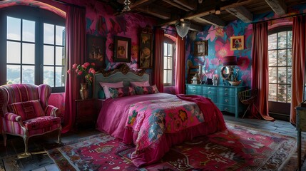 Wall Mural - Eclectic and vibrant bedroom interior with a mix of patterns, colors, and vintage furniture adding a unique charm and character to the space. 