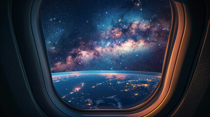 Wall Mural - glowing milky way view through airplane window at night, travel adventure concept