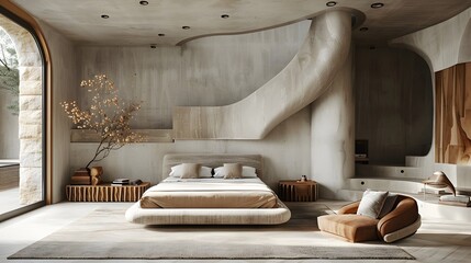 Wall Mural - Modern and stylish bedroom interior with organic architectural elements and warm lighting, showcasing a cozy and elegant living space.