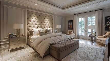 Wall Mural - Elegant and luxurious bedroom interior with a large tufted headboard and sophisticated decor. 