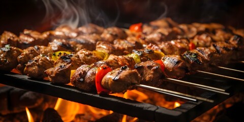 Poster - Halal Meat Grill Kitchen Artistic Preparation of Shish Kebab and BBQ Chicken. Concept Halal Meats, Grill Kitchen, Shish Kebab, BBQ Chicken, Artistic Preparation