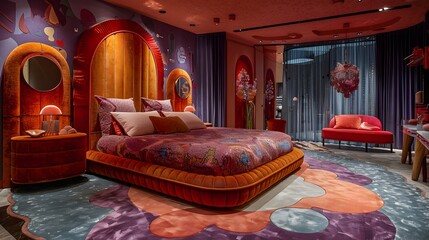 Wall Mural - Vibrant and eclectic bedroom interior with bold colors and patterns. 