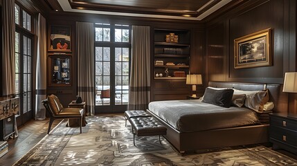Wall Mural - Elegant and sophisticated bedroom interior design with wooden finish and a view of the snowy outdoors. 