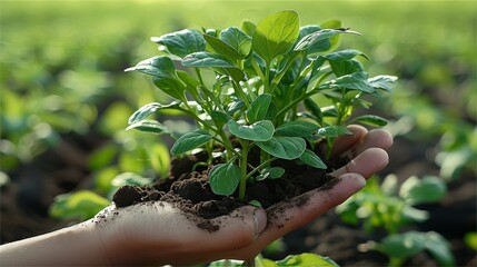Poster - A hand hold dark moist soil with water spinach on it, orchard background. Generative AI.