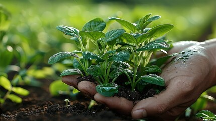 Poster - A hand hold dark moist soil with water spinach on it, orchard background. Generative AI.