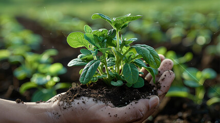 Poster - A hand hold dark moist soil with water spinach on it, orchard background. Generative AI.