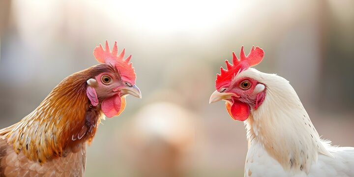 Brown rooster and chicken on a farm heading towards each other. Concept Farm animals, Rooster, Chicken, Nature, Wildlife