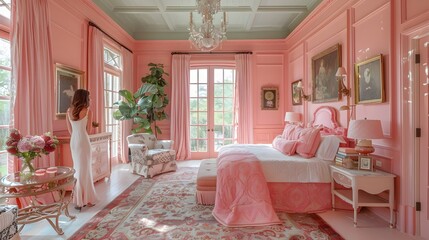 Elegant woman in a luxurious coral-pink bedroom interior with sophisticated decor radiates a serene and opulent atmosphere. 