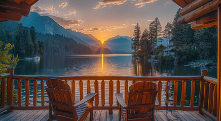 Beautiful lake house with log cabin, large wooden terrace overlooking the mountains and forest at sunset, lake view from behind, two chairs on balcony facing each other. Generative AI.