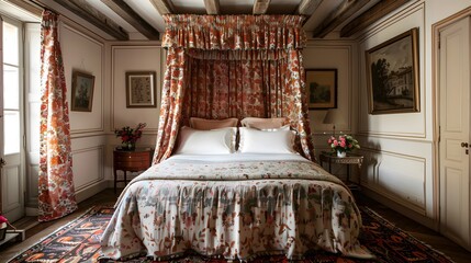 Wall Mural - Elegant and cozy bedroom interior with floral curtains and bedspread, vintage furniture, and warm lighting. 