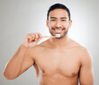 © peopleimages.com - Man, portrait and toothbrush for brushing teeth in studio, grooming and treatment on gray background. Male person, toothpaste and gum health or tooth whitening, plaque and oral or dental healthcare