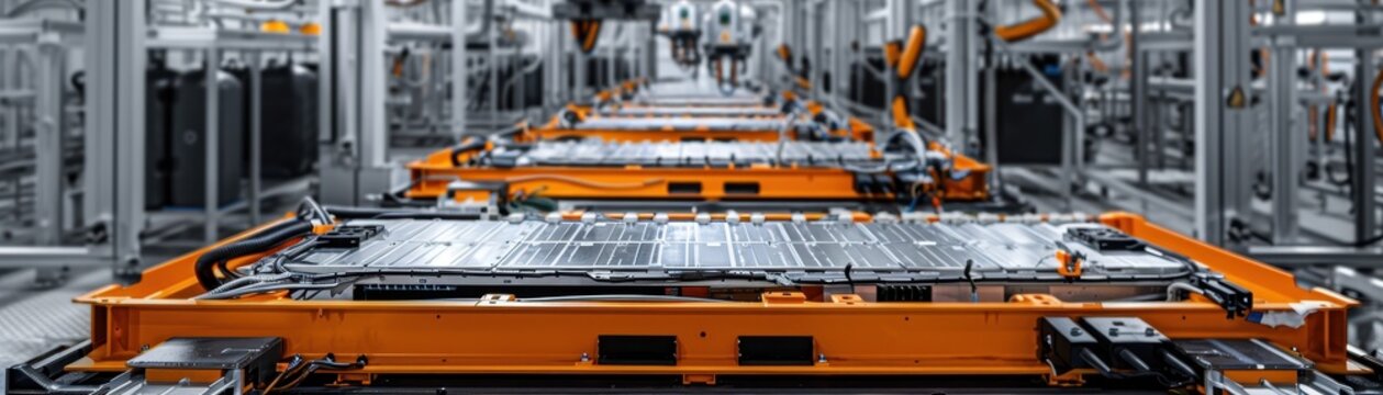 Electric vehicle battery cells are assembled on a mass production line