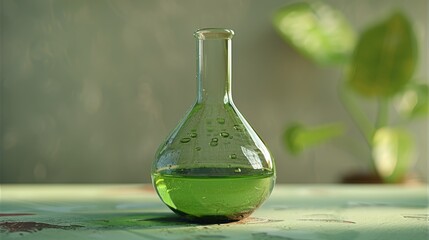 Poster - Beaker with green transparent glass background. Generative AI.