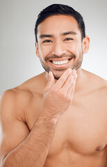Poster - Portrait, hand and skincare of happy man in studio with morning routine for hygiene, wellness or natural treatment on white background. Grooming, body and model for confidence, facial or satisfaction