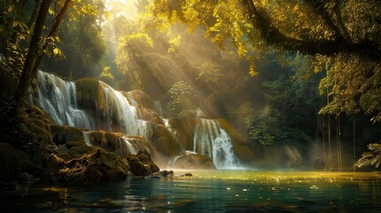 The most beautiful waterfalls in the world Where the water cascades and meets a quiet pool. Surrounded by dense and lively foliage.