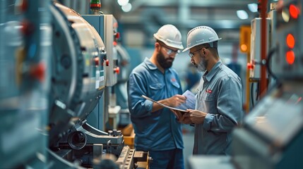 Aufkleber - Two engineers with clipboards holding document papers, discussing a work plan on a CNC machine at a factory. In the background is an electrical panel, industrial machinery concept. Generative AI.