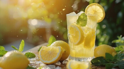Wall Mural - refreshing lemonade with ice cubes and mint leaves served on a wooden table, garnished with a yellow lemon and a green leaf