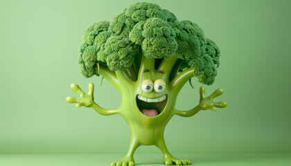 3d render of happy broccoli character on green background