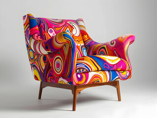 Vintage Psychedelic Pattern Armchair on White Background.