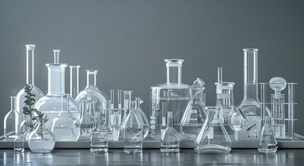 Aufkleber - Chemistry laboratory tools made of glass, apparatus, pipettes, on a silver table with a grey background. Generative AI.