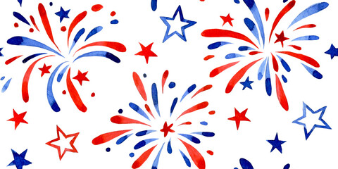 seamless pattern of fireworks and stars for American Independence Day.