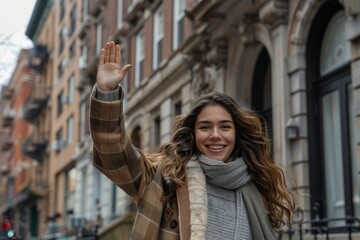 In city, street, or New York road transportation, travel, and commuting, woman hails cab. Happy tourist, student, and cab, lift, or touring bus rider.