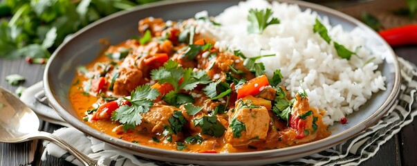 Wall Mural - spicy curry and white rice served with a silver spoon