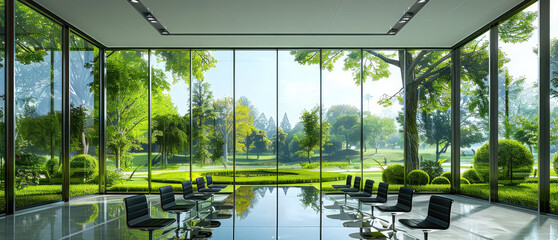 Aufkleber - A business meeting in a room with large windows showcasing a beautiful green landscape and sustainable architecture. Generative AI.