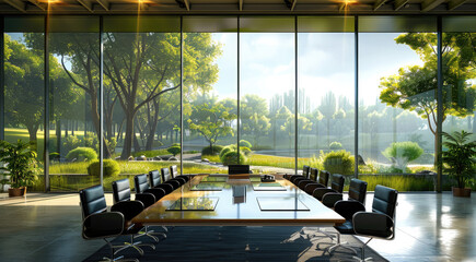 Aufkleber - A business meeting in a room with large windows showcasing a beautiful green landscape and sustainable architecture. Generative AI.