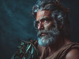 Wall Mural - Medium shot of ancient greek man, waist high shot photography, themed background.