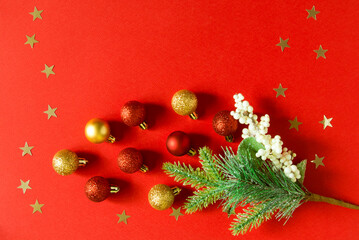 Wall Mural - festive xmas decoration with toys. empty space for copy space. flat lay, top view. new year backgrou