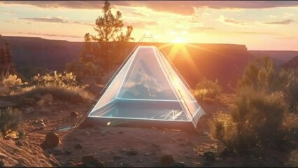 Wall Mural - Capture the essence of futuristic technology merging with nature at eye level using unexpected camera angles Picture a holographic tent in the wilderness at sunset.