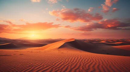 Breathtaking sunset over a serene desert landscape with rolling sand dunes and a colorful sky. Perfect natural scenery for travel and adventure themes.