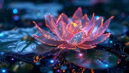 Wall Mural - Futuristic lotus flower with neon light of digital circuit big data technology