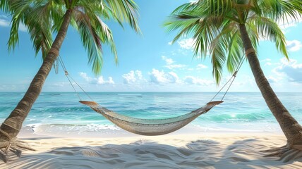 A cozy hammock strung between two palm trees on a tropical beach, with a gentle breeze and calm waves, ideal for vacation and leisure advertisements, isolated white background