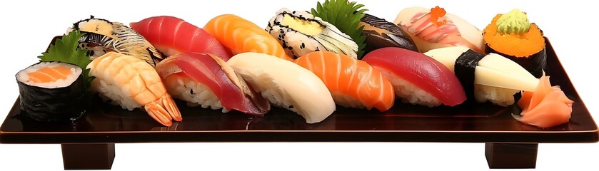 Wall Mural - sushi platter on a wooden tray