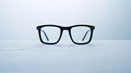 Modern black square glasses displayed centrally on a pristine white surface.