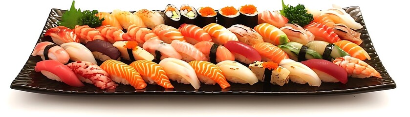 Wall Mural - sushi symphony in a black tray on a transparent background, accompanied by an orange carrot and a white shadow