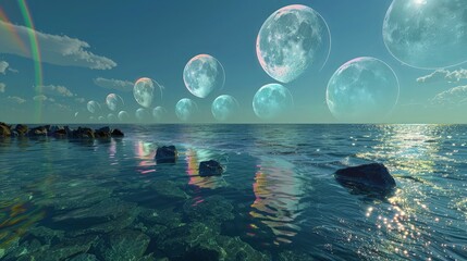 Sticker - A surreal landscape where multiple moons rise over a tranquil ocean, each reflecting a different color light, creating a rainbow effect on the water's surface.