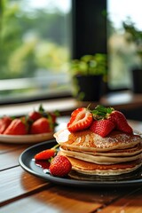 Wall Mural - A plate of fluffy pancakes topped with fresh strawberries, perfect for breakfast or brunch