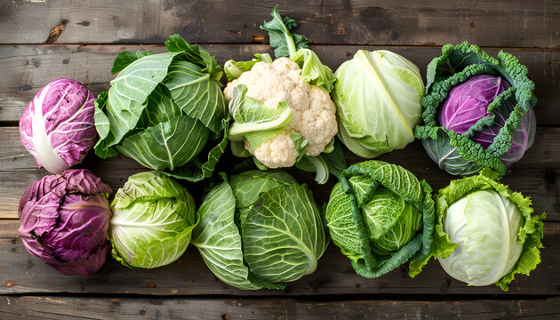 Many different types of fresh cabbage on wooden table