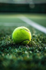 Wall Mural - A tennis ball sits on the grass of a tennis court, ready for play