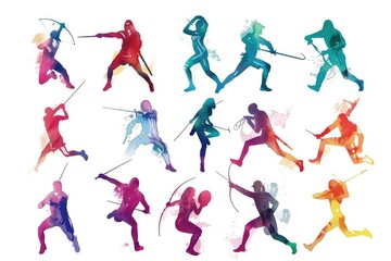Wall Mural - Watercolor silhouettes of people wielding swords, suitable for use in fantasy or adventure themed projects